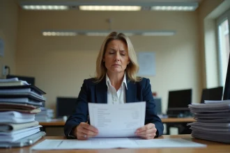 Fonctionnaire de la fonction publique examinant une fiche de paie avec les nouvelles cotisations retraite 2026
