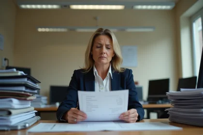 Fonctionnaire de la fonction publique examinant une fiche de paie avec les nouvelles cotisations retraite 2026