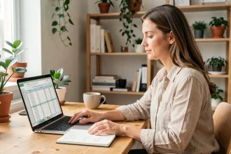 Freelance assise à son bureau travaillant sur une facture avec un convertisseur HT TTC sur ordinateur portable