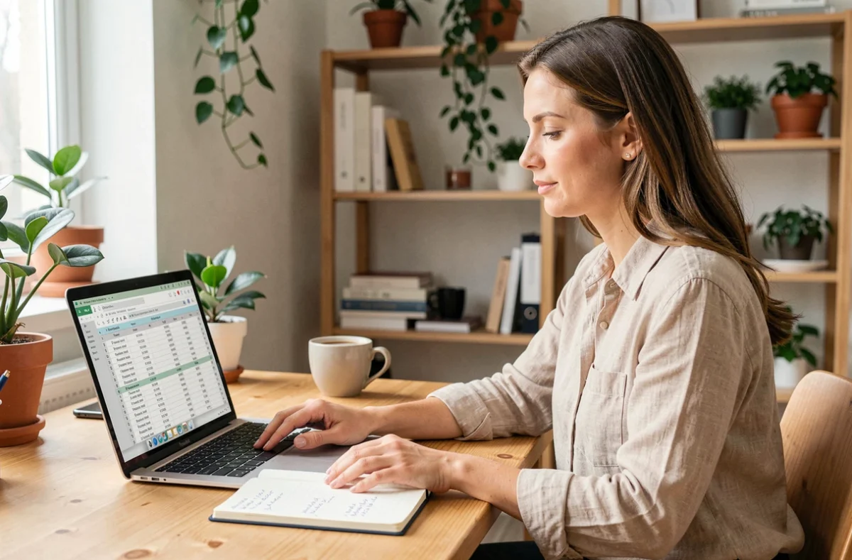 Freelance assise à son bureau travaillant sur une facture avec un convertisseur HT TTC sur ordinateur portable