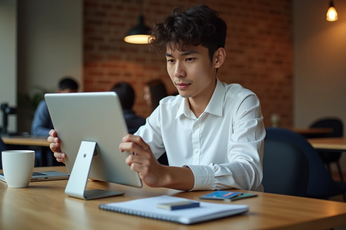 Jeune professionnel gérant ses cartes bancaires en ligne sur tablette dans un espace de coworking moderne