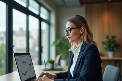 Femme chef d'entreprise gérant ses comptes professionnels en ligne sur un ordinateur portable dans un bureau moderne