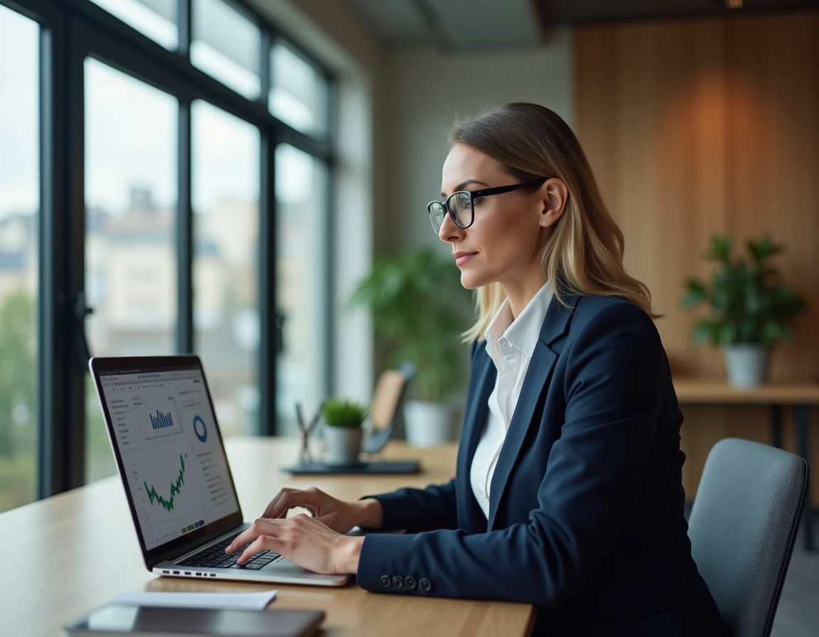 Femme chef d'entreprise gérant ses comptes professionnels en ligne sur un ordinateur portable dans un bureau moderne