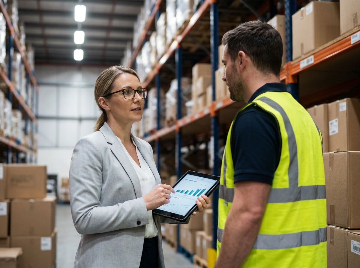 Gestionnaire et investisseur discutant de la rentabilité d'un entrepôt logistique