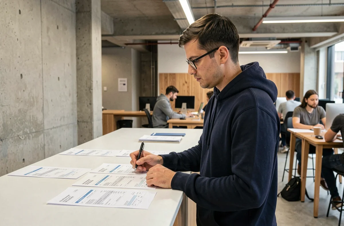 Graphiste freelance dans un espace de coworking révisant ses factures HT et TTC imprimées