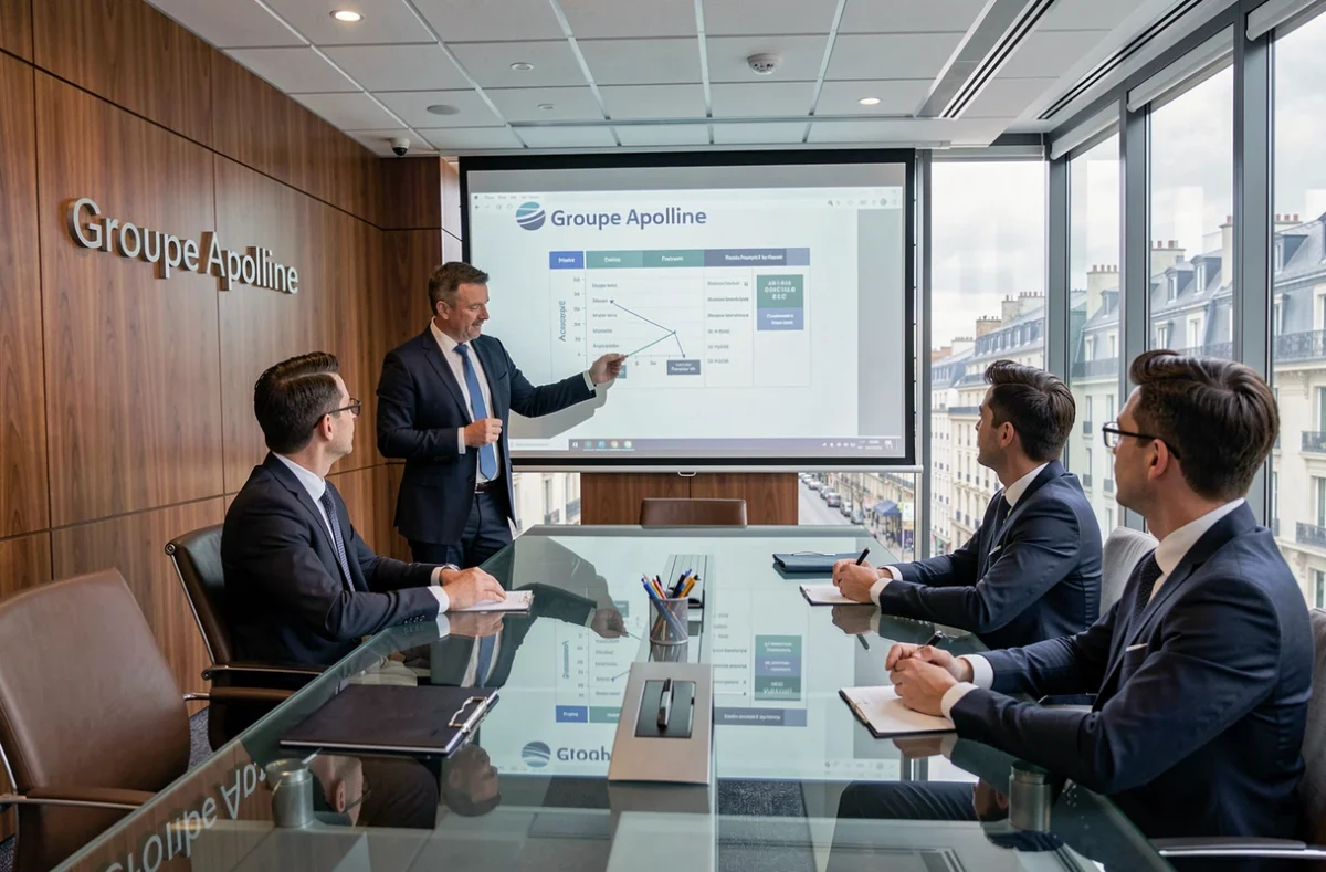 Conseiller du Groupe Apolline présentant un plan de financement immobilier en salle de réunion à des clients