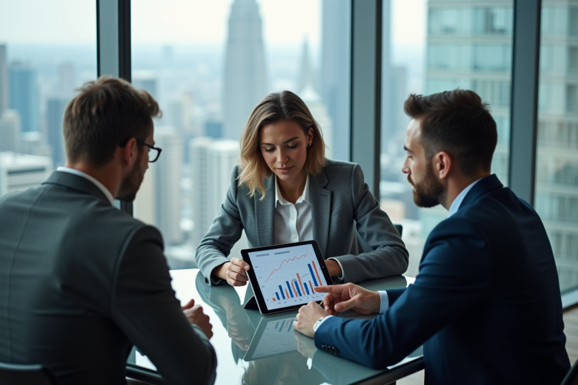 Groupe de professionnels en fintech autour d'une table moderne