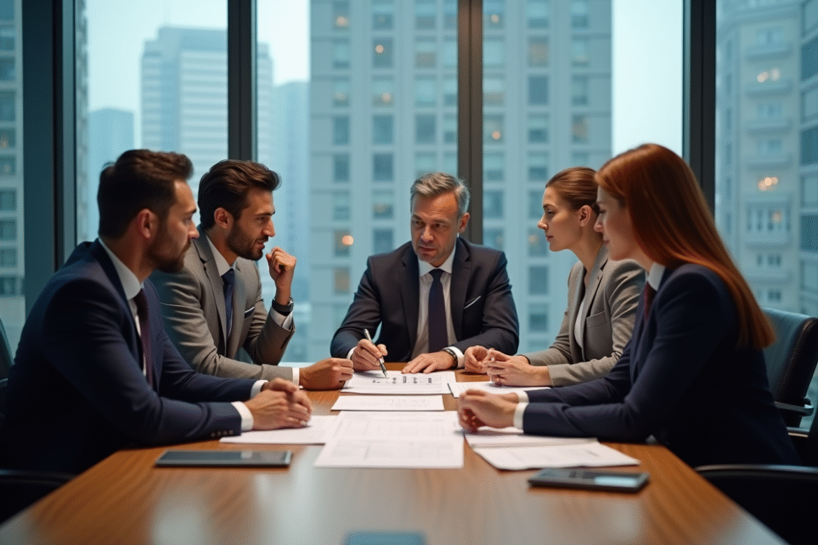 Groupe de professionnels en réunion stratégie dans un bureau moderne