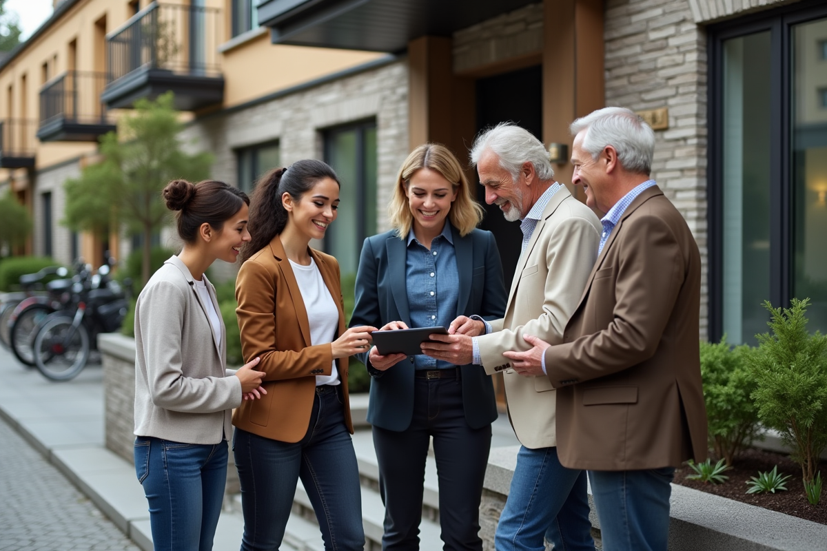 Groupe de personnes discutant devant un immeuble en extérieur