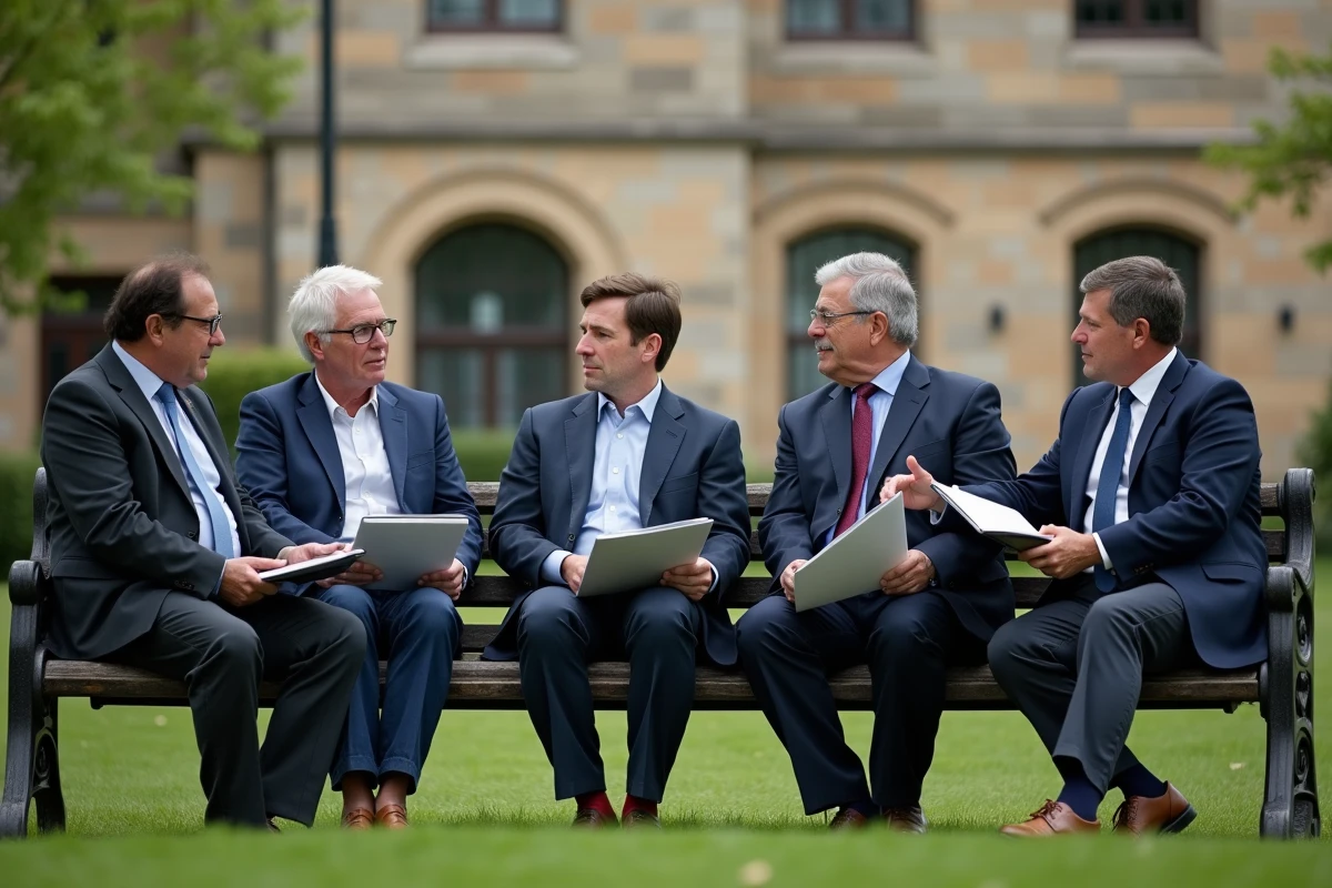 Deputes en discussion informelle dans un parc urbain
