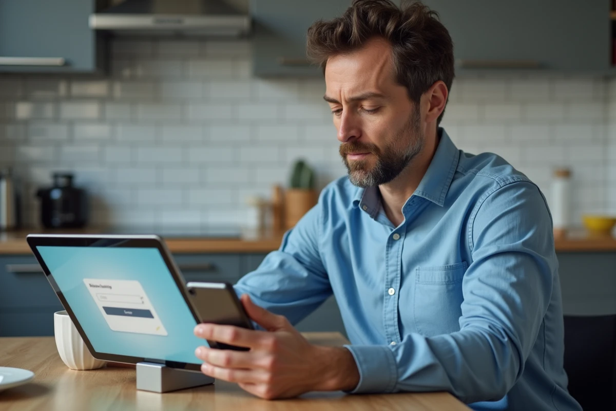 Homme consultant son application bancaire Société Générale sur tablette et smartphone dans sa cuisine