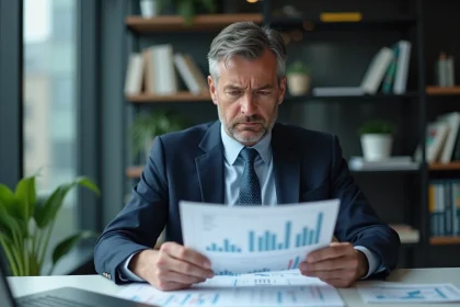 Homme d'affaires en costume bleu analysant des graphiques financiers