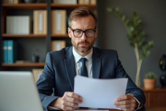 Homme d'affaires en costume examine des documents d'assurance