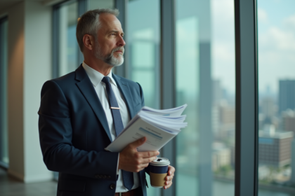 Homme d'affaires avec rapports emissions carbone et tasse réutilisable