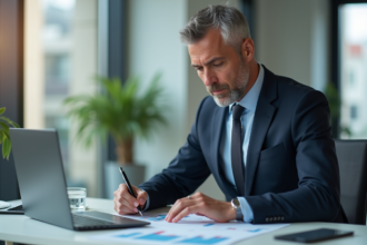 Homme d'affaires en costume analysant un graphique boursier