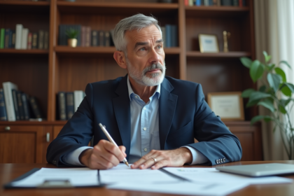 Homme d'affaires en costume bleu lisant des documents