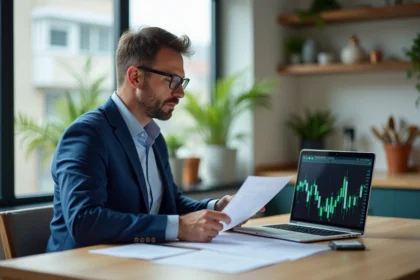 Homme d'affaires en costume bleu travaillant à la maison