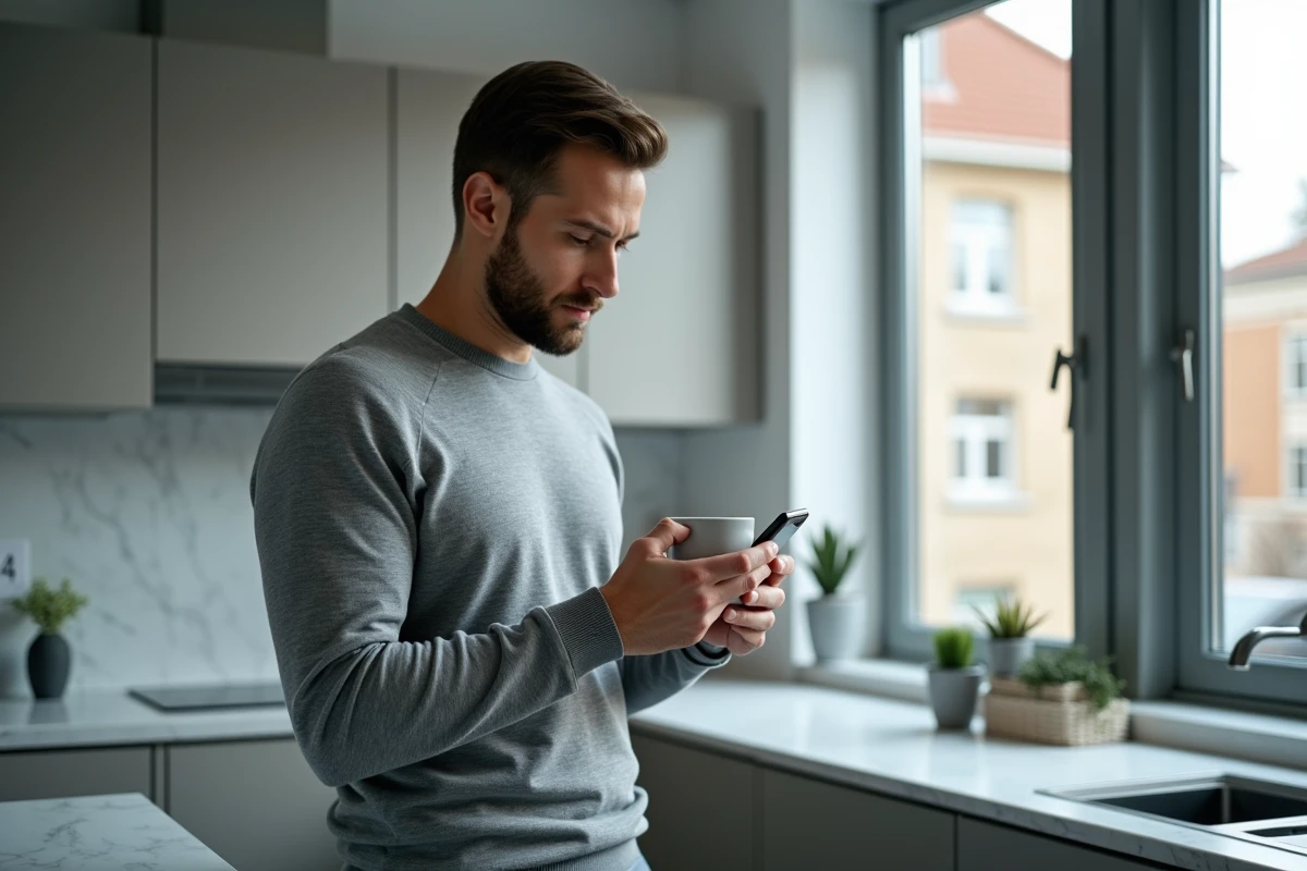 Homme recevant une alerte SMS bancaire sur smartphone pour surveiller ses virements et opérations depuis son compte en ligne CMB