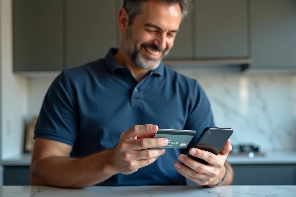 Homme utilisant une application bancaire sur smartphone pour gérer sa carte Banque Populaire Cyberplus
