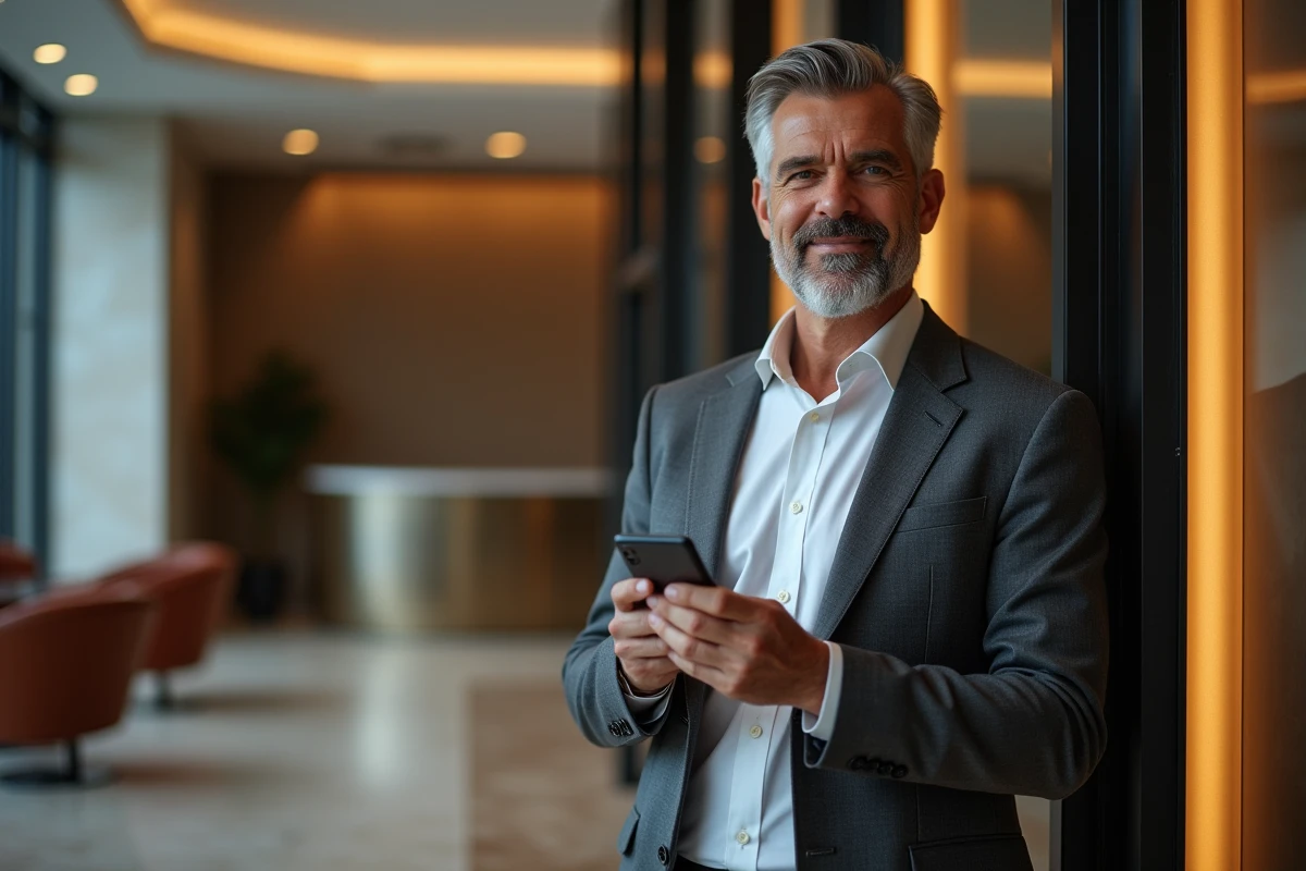 Homme en costume consultant l'application mobile de sa banque privée BNP Paribas dans un espace lounge haut de gamme