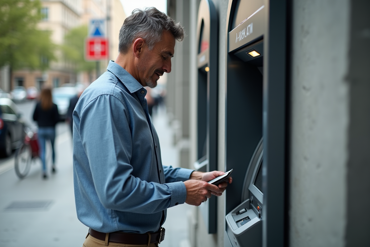 Homme utilisant un distributeur automatique en ville