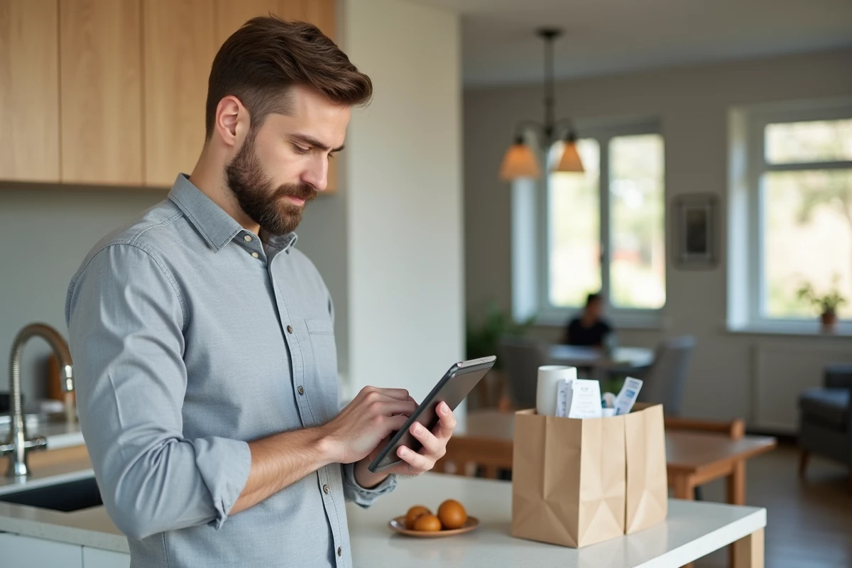 Homme de 35 ans consultant une application de budget sur tablette dans une cuisine moderne pour maximiser sa prime de pouvoir d'achat