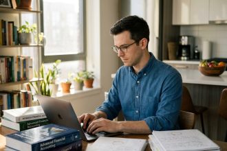 Homme concentré travaillant sur son ordinateur dans un bureau lumineux