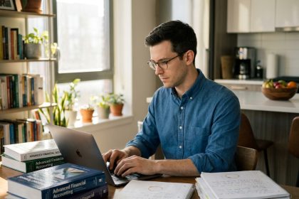 Homme concentré travaillant sur son ordinateur dans un bureau lumineux