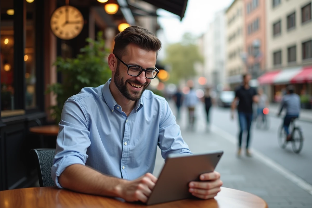 Homme au café en ville regardant sa tablette