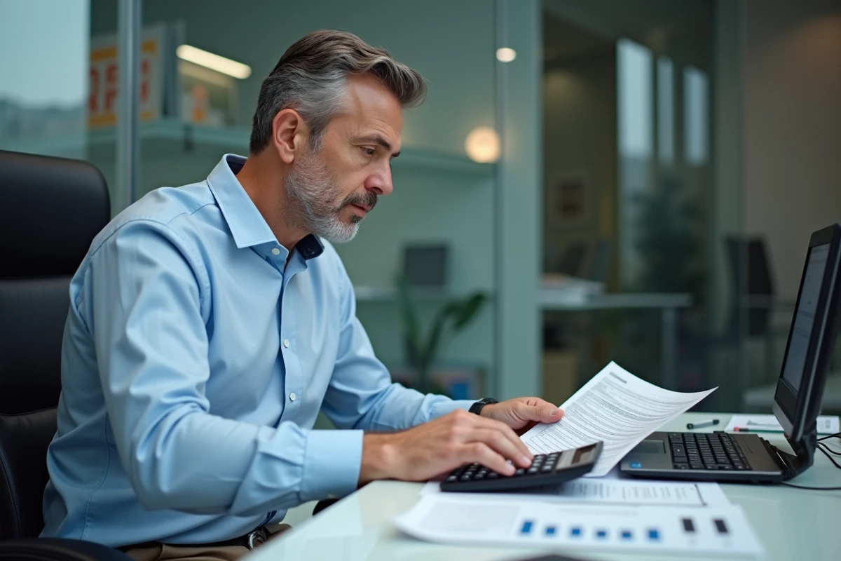 Homme d age utilise une calculatrice dans un bureau bancaire