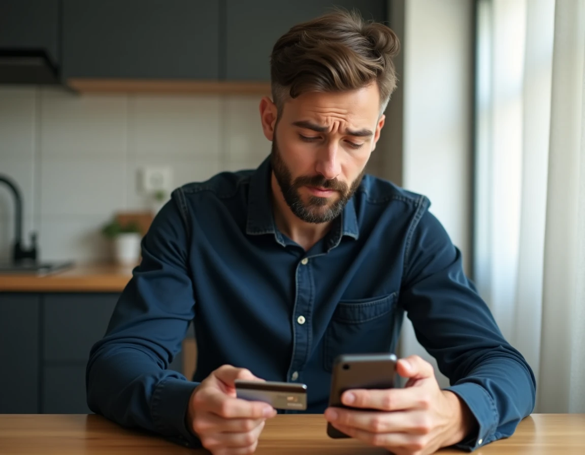 Homme consultant une notification de blocage de carte bancaire sur smartphone à la maison