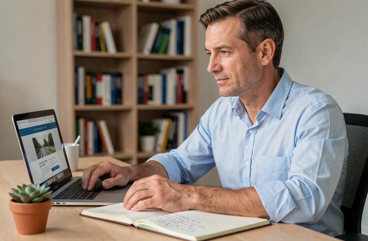 Homme comparant des solutions de résiliation en ligne sur ordinateur portable dans un bureau à domicile