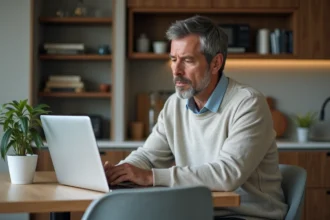 Homme d'âge moyen concentré lisant un article financier