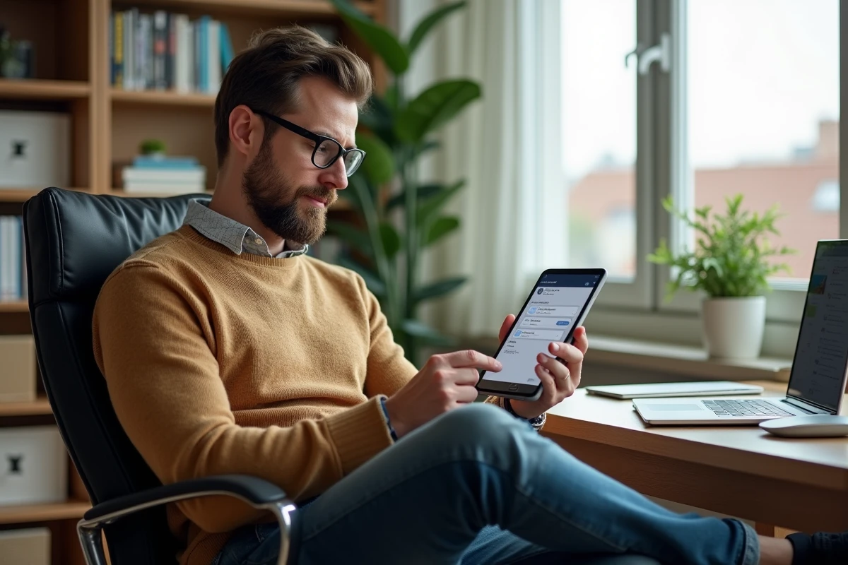 Homme vérifiant son solde bancaire sur une tablette à domicile