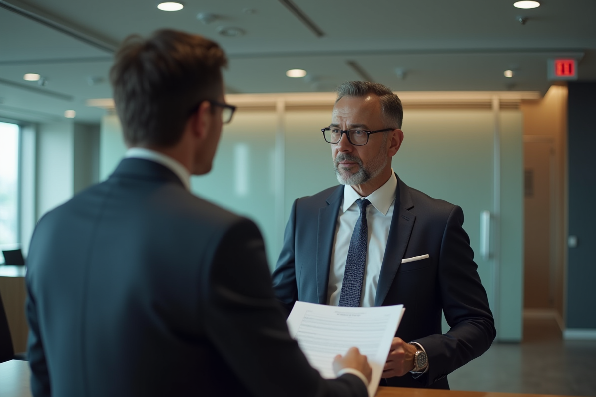 Homme en costume écoutant un conseiller bancaire dans un bureau
