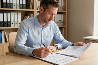 Homme consultant un contrat d'assurance emprunteur CIC à son bureau à domicile