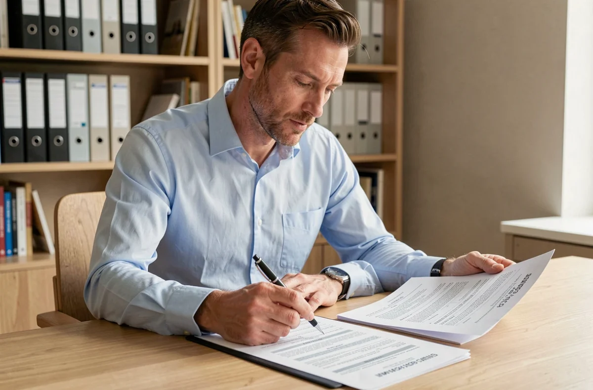 Homme consultant un contrat d'assurance emprunteur CIC à son bureau à domicile