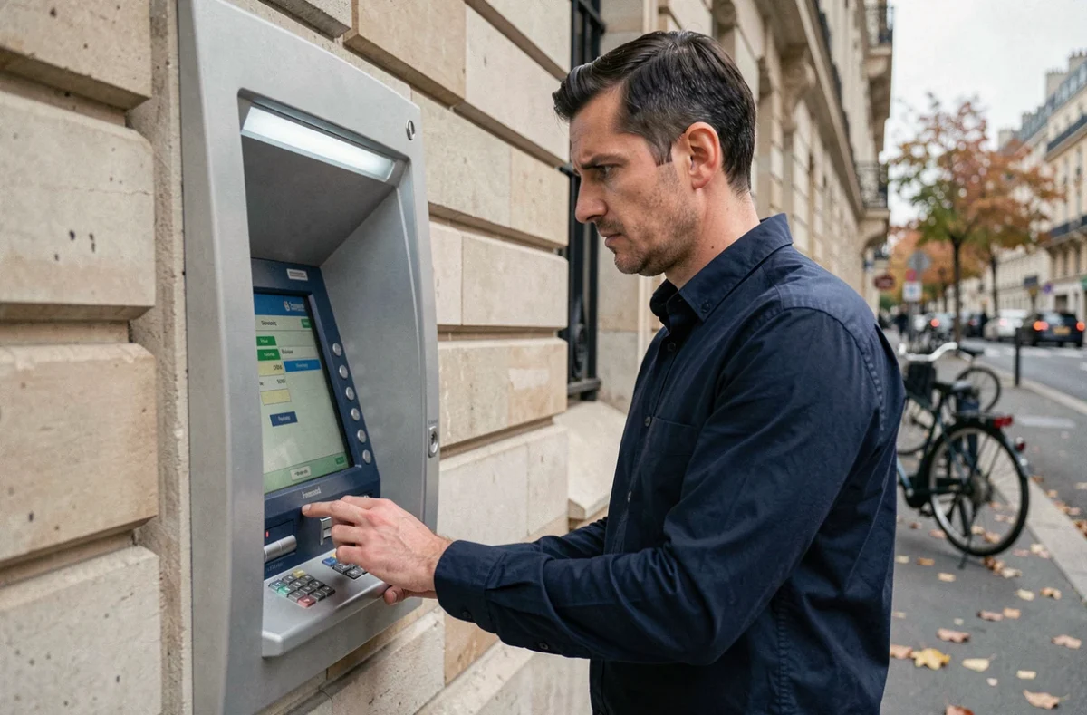 Homme vérifiant son solde bancaire à un distributeur La Banque Postale après un retard de virement de salaire