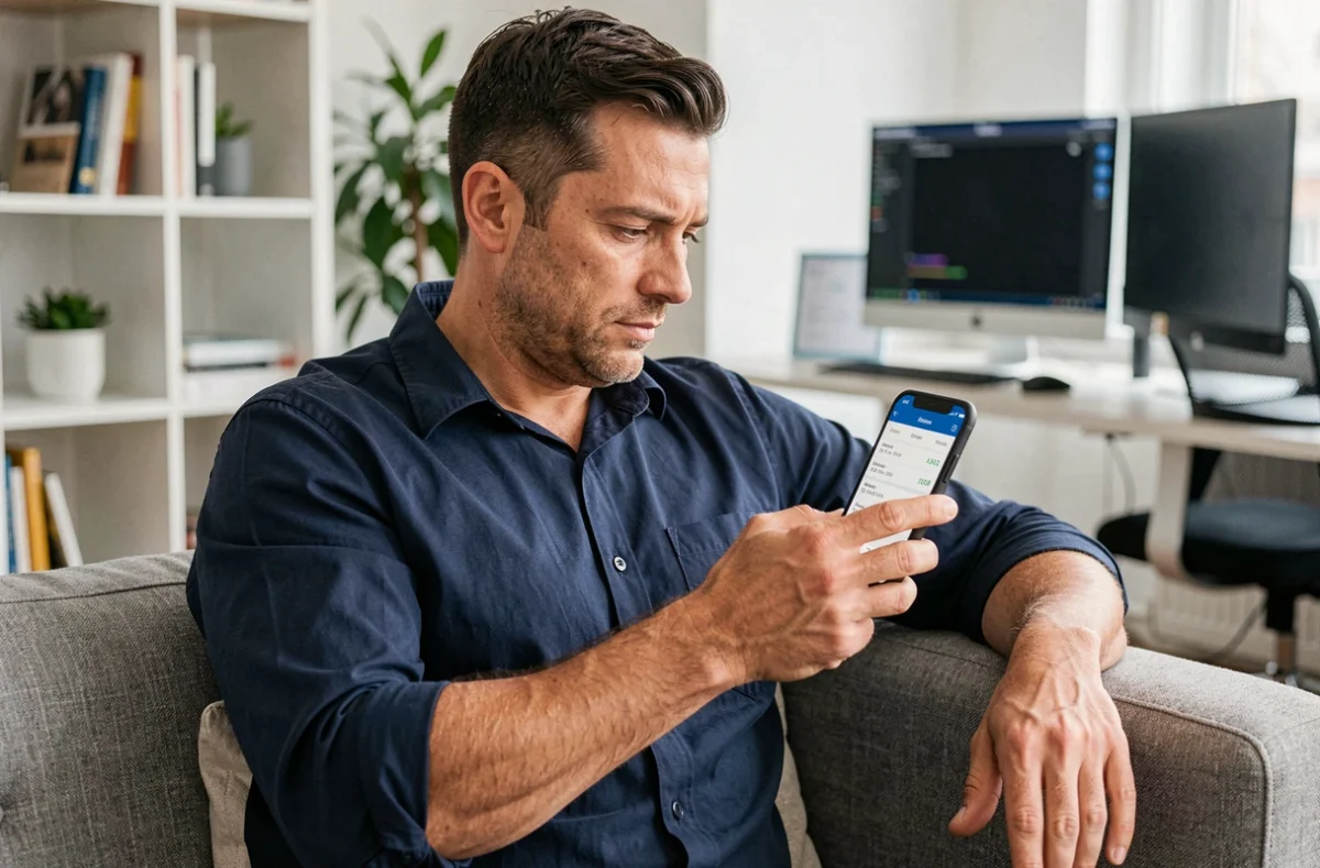 Homme gérant ses comptes bancaires à distance sur son smartphone via une application mobile