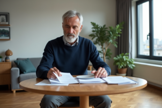 Homme d'âge moyen triant factures et documents de copropriété
