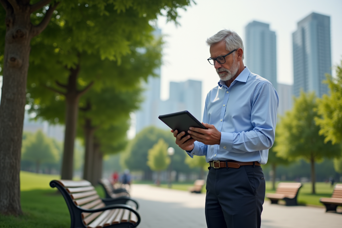 Homme d age moyen analysant des graphiques en plein air