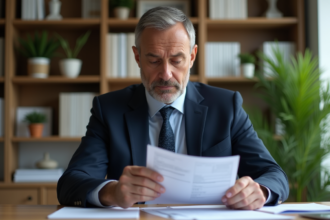 Homme d'âge moyen en costume bleu examine ses relevés financiers
