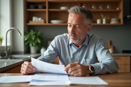Homme d'âge moyen lisant des papiers dans une cuisine lumineuse