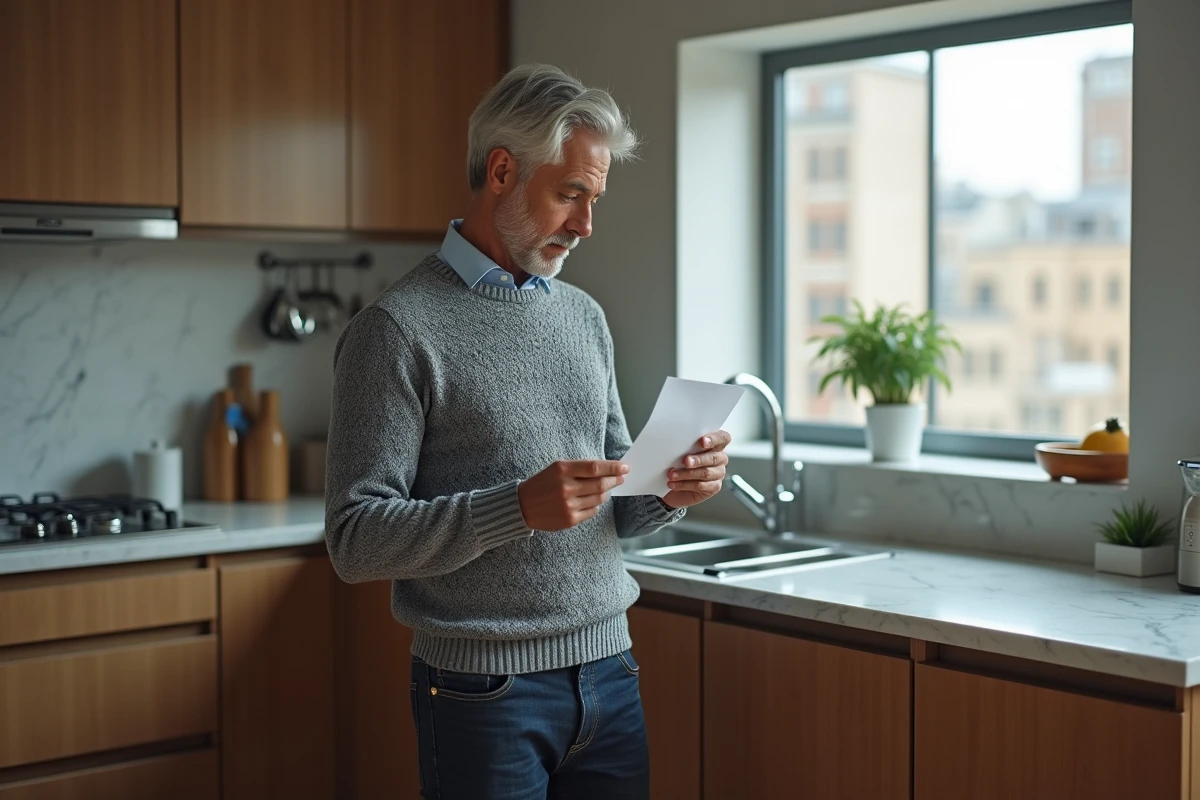 Homme lisant une lettre de bureau de crédit associés dans sa cuisine, représentant la gestion des dettes et la prescription légale au Québec