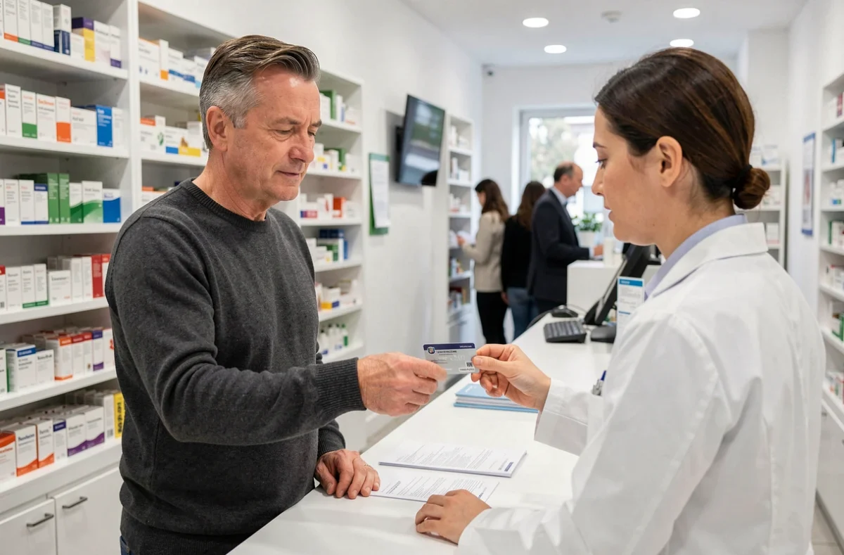 Homme remettant sa nouvelle carte mutuelle à un pharmacien après changement sur Ameli