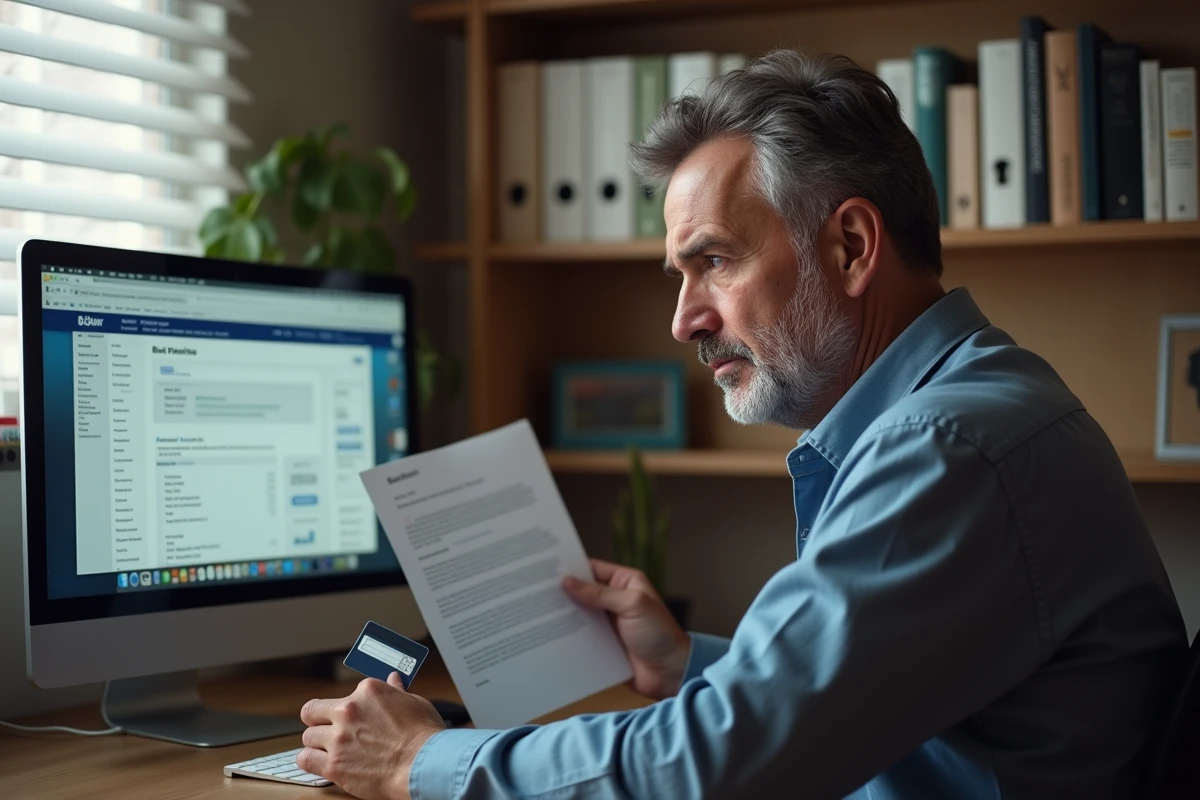 Homme concentré sur son ordinateur avec documents bancaires