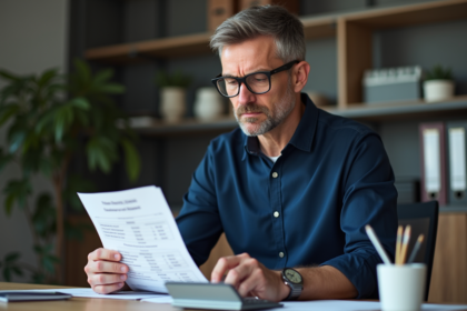 Homme concentré examinant un relevé de prêt immobilier