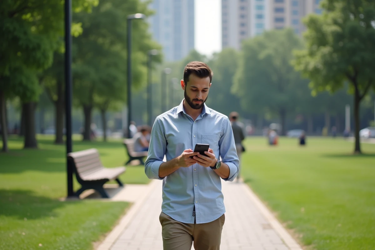 Jeune homme marchant dans un parc en vérifiant son téléphone