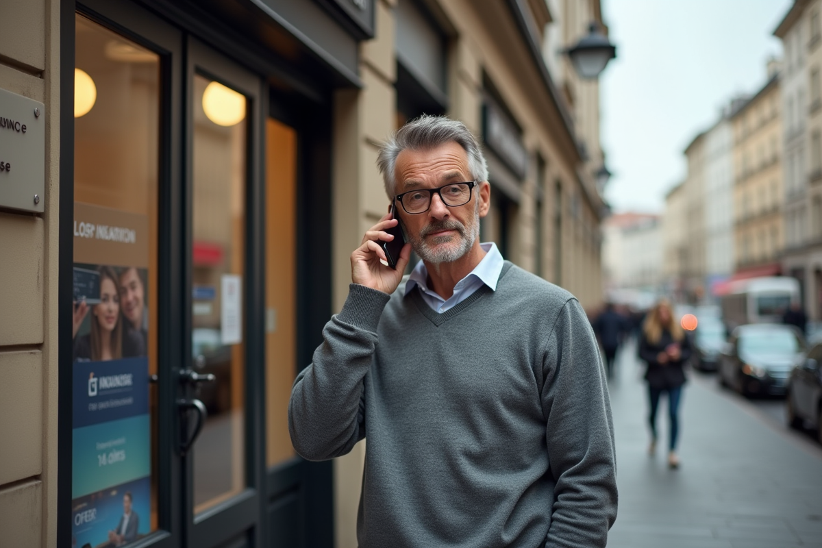 Homme d age parlant au téléphone devant une agence d assurance