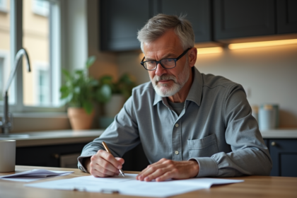 Homme d'âge moyen remplissant des papiers d'assurance à la maison